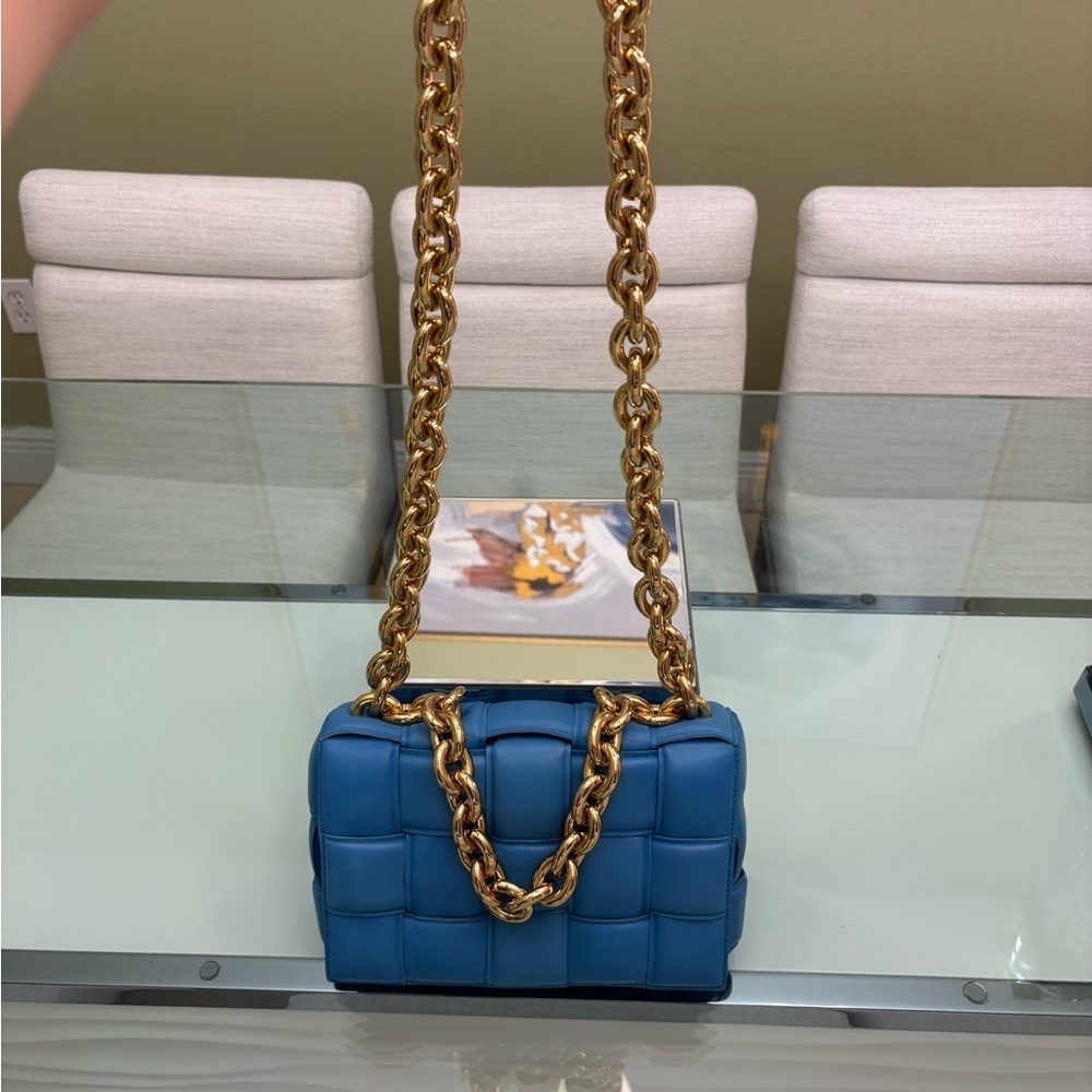 Authentic Blue Quilted Padded Chain Cassette Bag - Picture 3 of 13